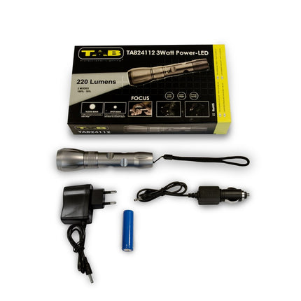 TAB24112, accu zaklamp, aluminium, 220 Lm, LED, zoomfunctie, 3 lichtstanden
